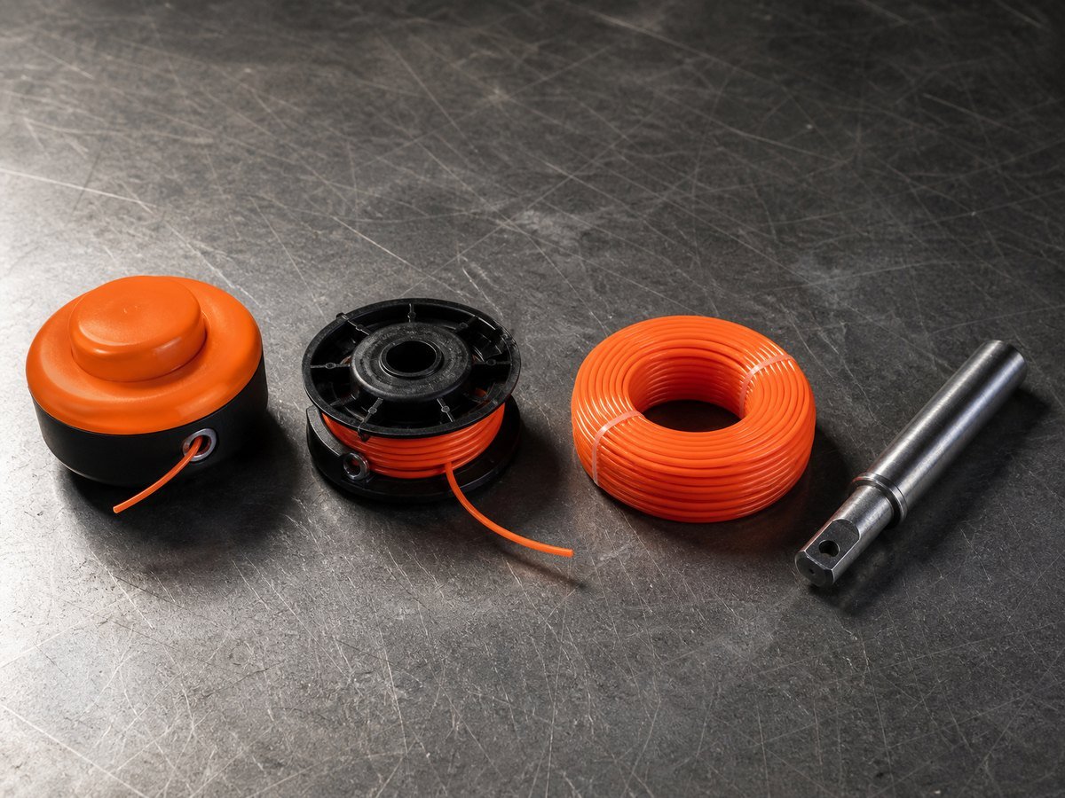 Trimmer cutting attachments laid out on a workshop bench